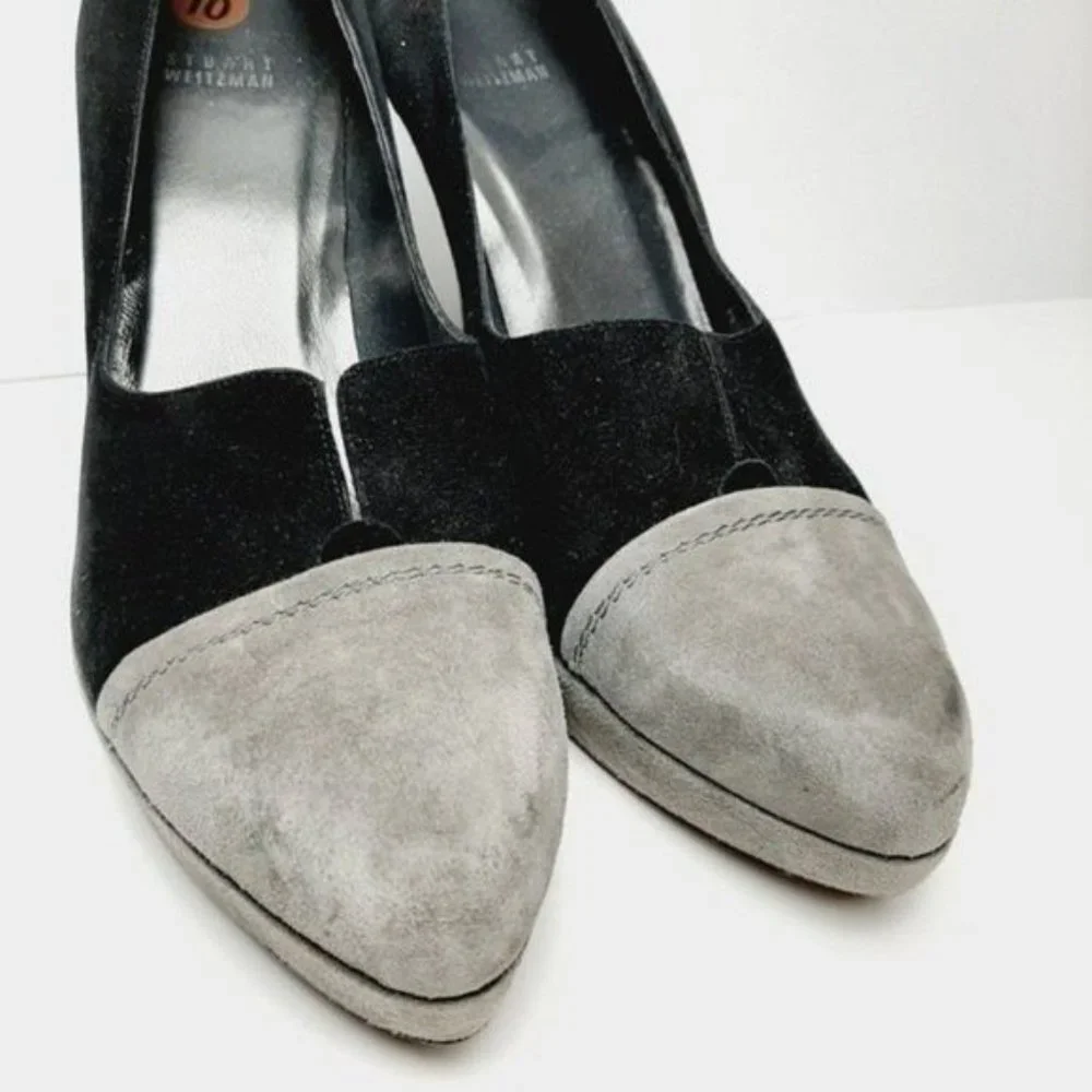 STUART WEITZMAN Genuine Suede Leather Pumps High Heel Stiletto Black Grey Sz 10 - Picture 8 of 13